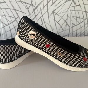 Karl Lagerfeld Black Mesh Slip-On Flats with Red Heart and Gold Charms